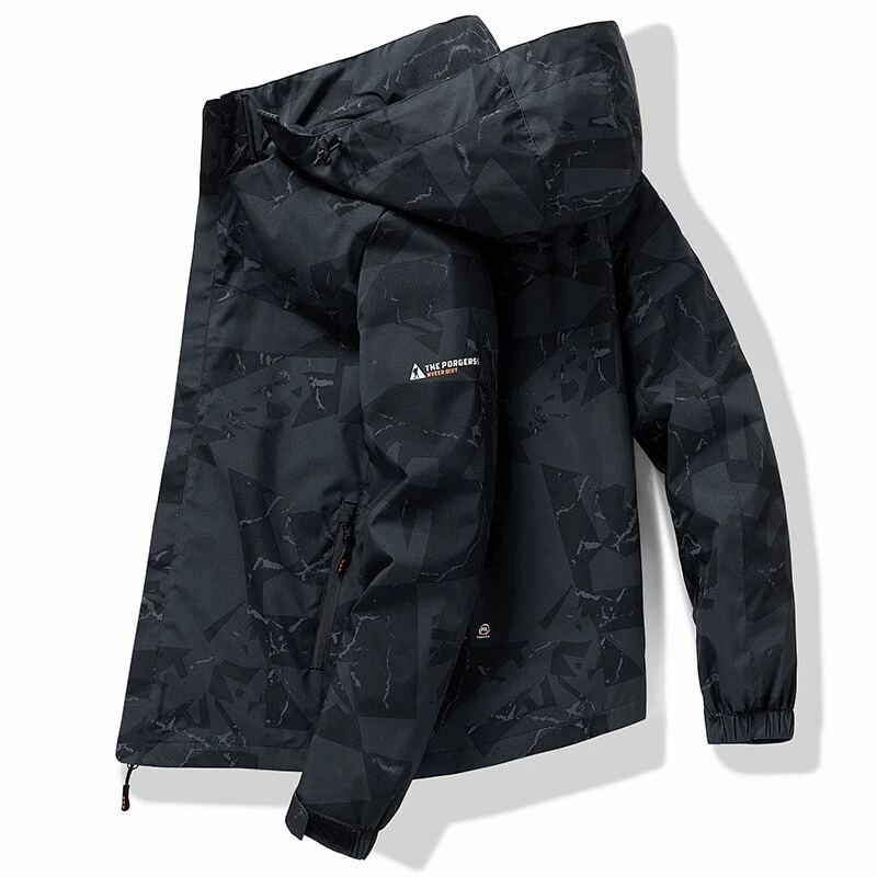 Men's waterproof hiking jacket with geo print, black camo design SF1963. Hooded, durable polyester, for outdoor adventures.